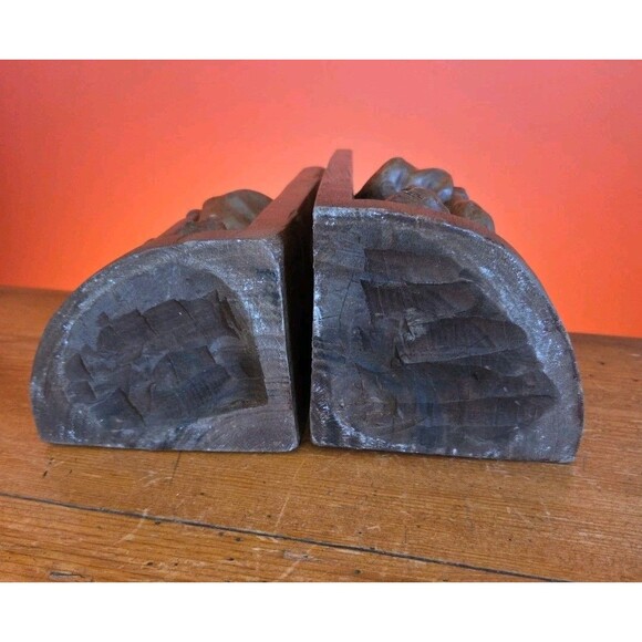 Vintage Hand Carved Wood Latin American Mexico Bookends Sitting Old Man & Woman - Picture 10 of 10